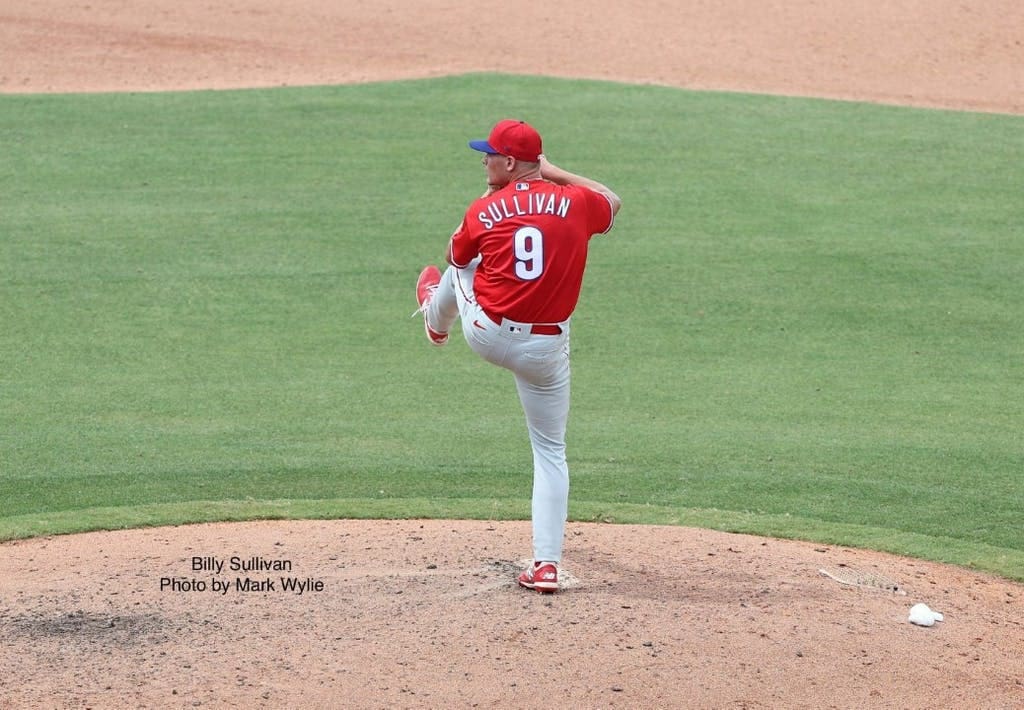 Billy Sullivan pitching in spring training for the Phillies 2 1