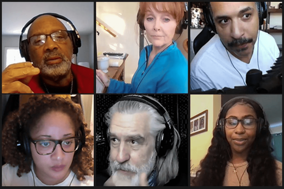 Hassan El-Amin talks to the cast of 'Talk About Race' in between takes: Top row, left to right: El-Amin, Elizabeth Heflin, Rene Thornton Jr. ; bottom row, left to right, Toni Martin, , Stephen Pelinski and Briana Henry.