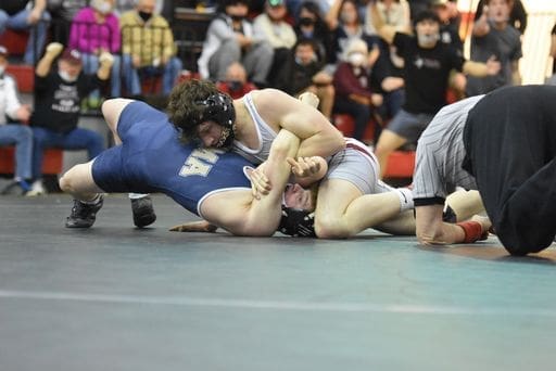 Caravels Michael Kling top works for the pin over Dylan Delcollo of DMA at 138 pounds. Photo by Ben Fulton 2