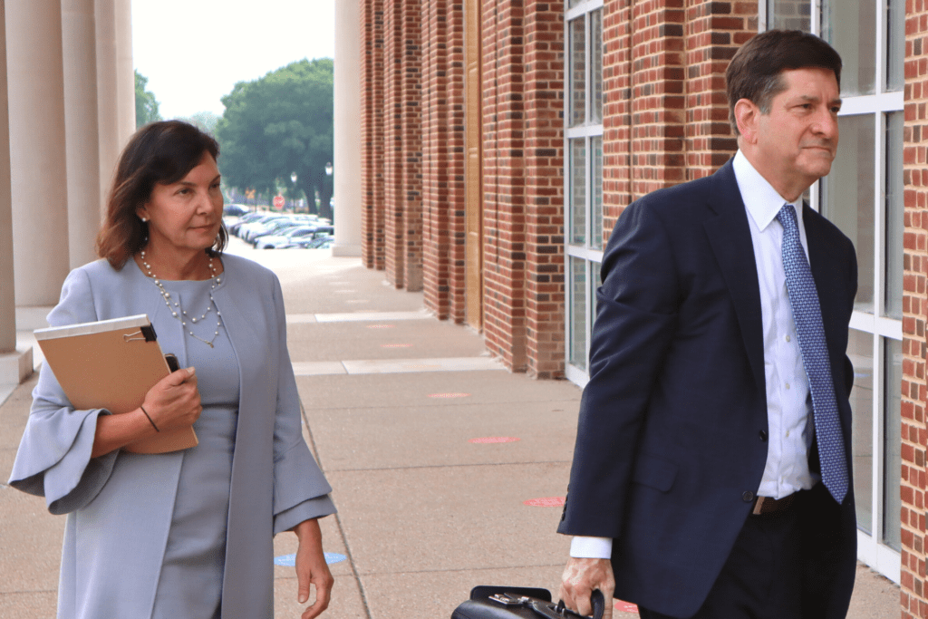 State Auditor Kathleen McGuiness (left) and her attorney, Steve Wood, enter the Kent County Courthouse in Dover on June 24, 2022. (Charlie Megginson/Delaware LIVE)