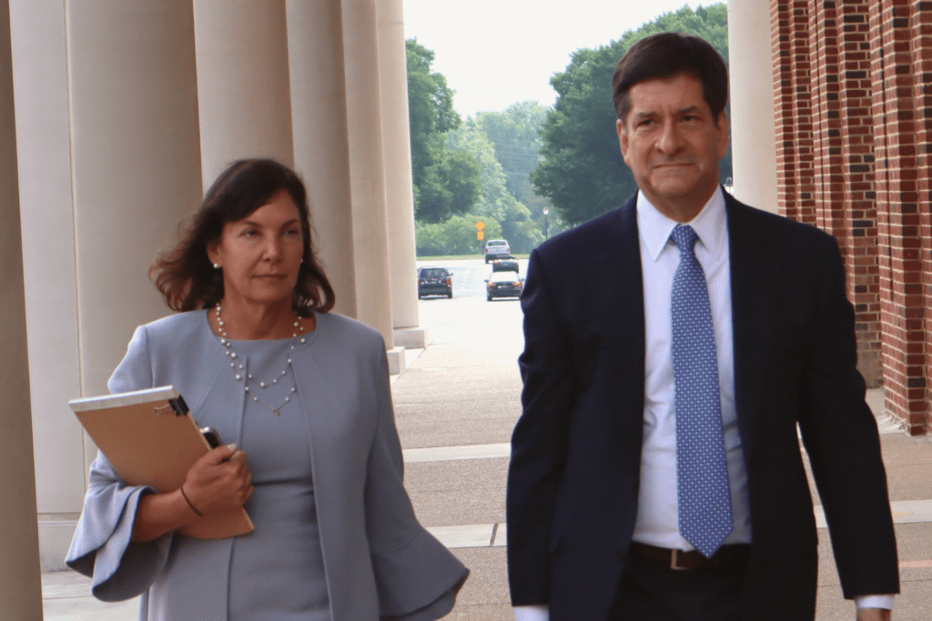 STATE AUDITOR KATHLEEN MCGUINESS (LEFT) AND HER ATTORNEY, STEVE WOOD, ENTER THE KENT COUNTY COURTHOUSE IN DOVER ON JUNE 24, 2022. (CHARLIE MEGGINSON/DELAWARE LIVE)