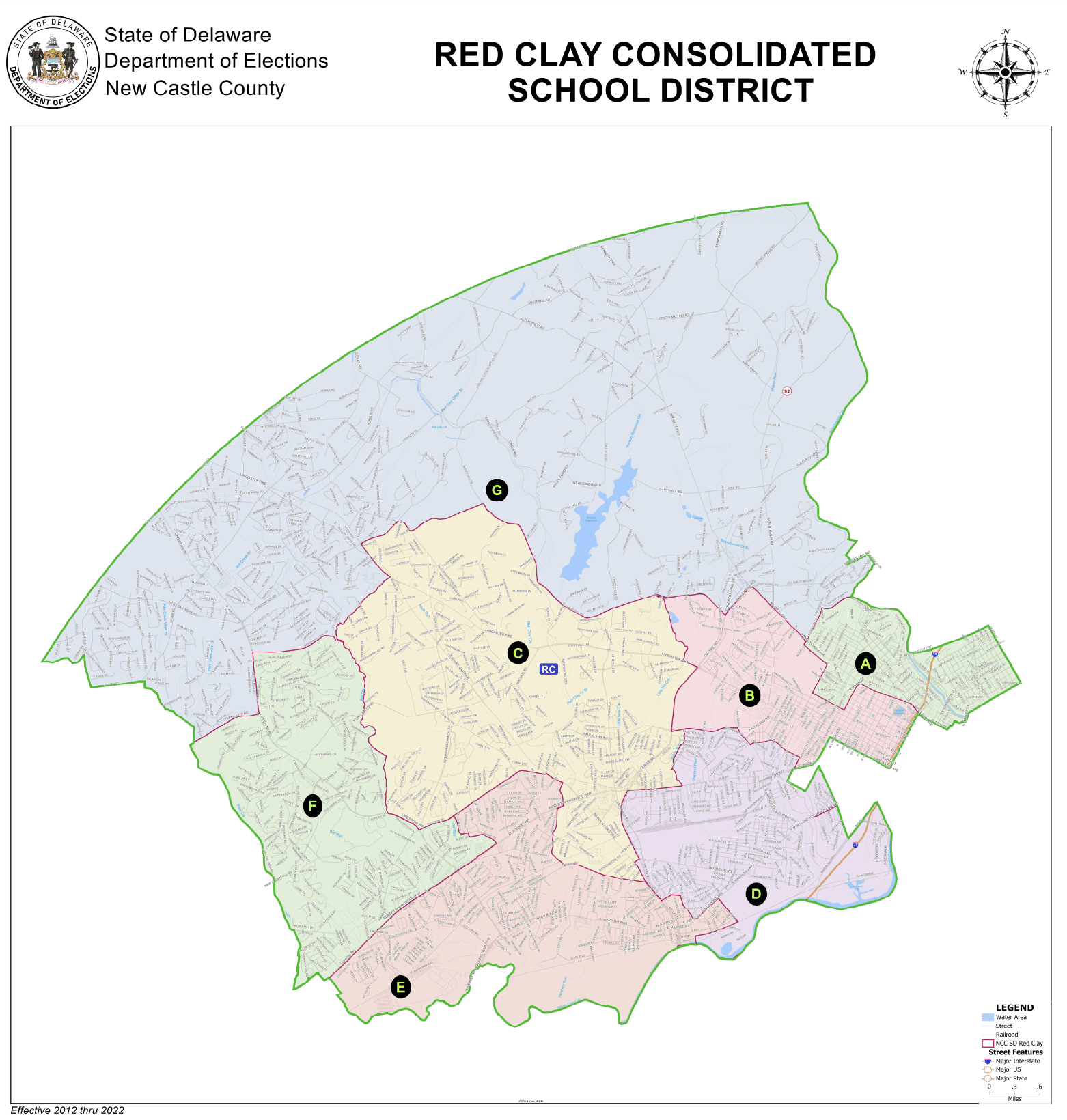 The seven districts that make up Red Clay Consolidated School District. Jose Matthews alleges that Martin Wilson doesn't actually live in District B. 