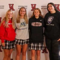 From left, Ursuline's Sophia Filipowski, Maddy Cherry, Natalie Johnson and Gabriella Paolella after signing their letters of intent to continue their athletic careers at the collegiate level. (Jarek Rutz/Delaware LIVE News)