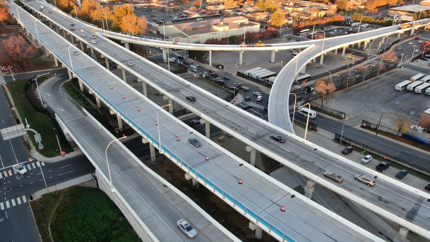 The Restore the Corridor project for I-95 includes new decorative barriers. (DelDOT drone photo)