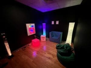 The middle section of the sensory room includes a vibro-chair, bubble lamps, and a digital board. (Jarek Rutz/Delaware LIVE News)