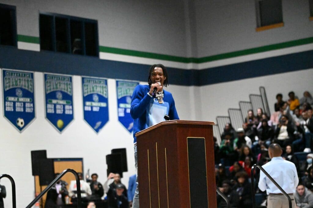 NahShon Bones Hyland giving his speech during his jersey retirement at St Geogres photo by Nick Halliday