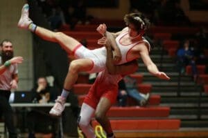 Smyrnas Qwantez Watkins lifts William Penns Brooklyn Gordy during their 126 pound match. Watkins won 24 8. Photo by Pam lane 1