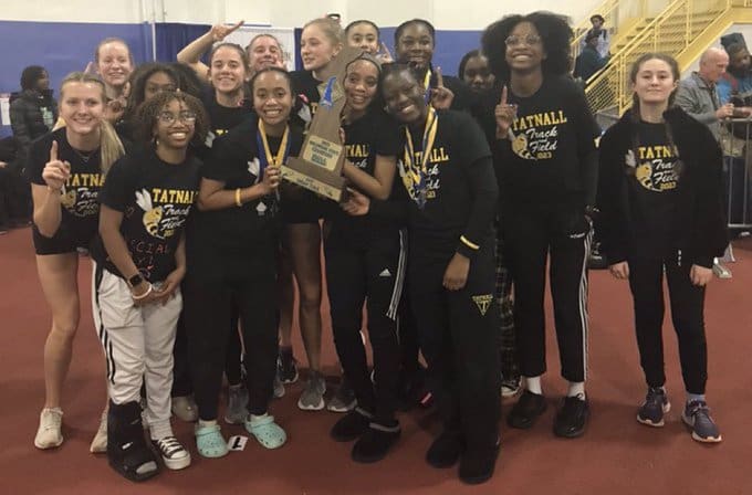 Tatnall girls track and field team posing after winning the 2023 DIAA state championship photo courtesy of DIAA