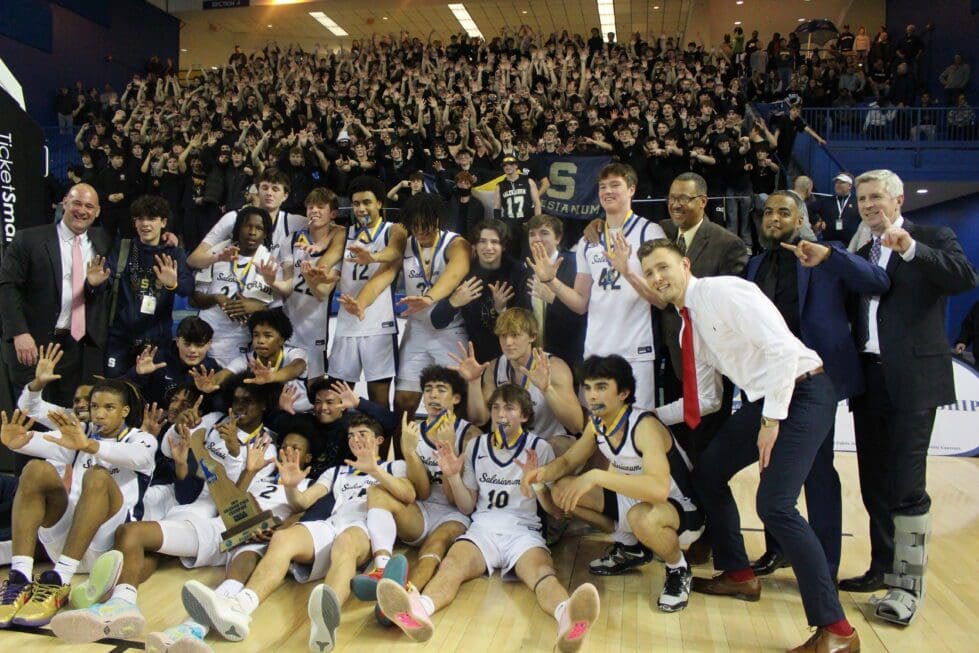 Salesianum Boys Basketball team with the trophy after winning the 2023 DIAA boys basketball state championship. photo by Mike Lang 2