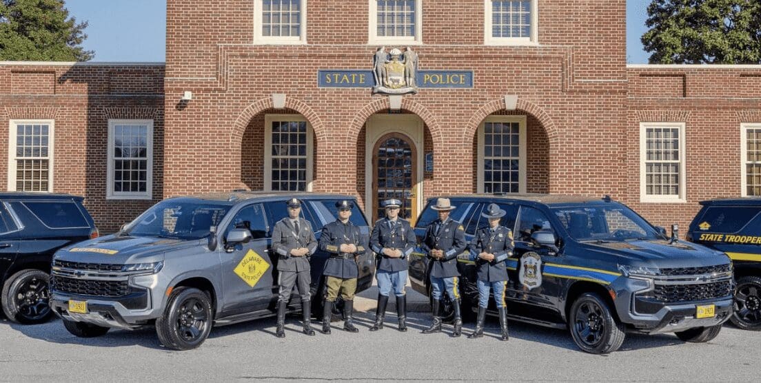 Delaware state police officers could soon have the option to have special license plates honoring the division's 100th year. Photo by Delaware State Police.
