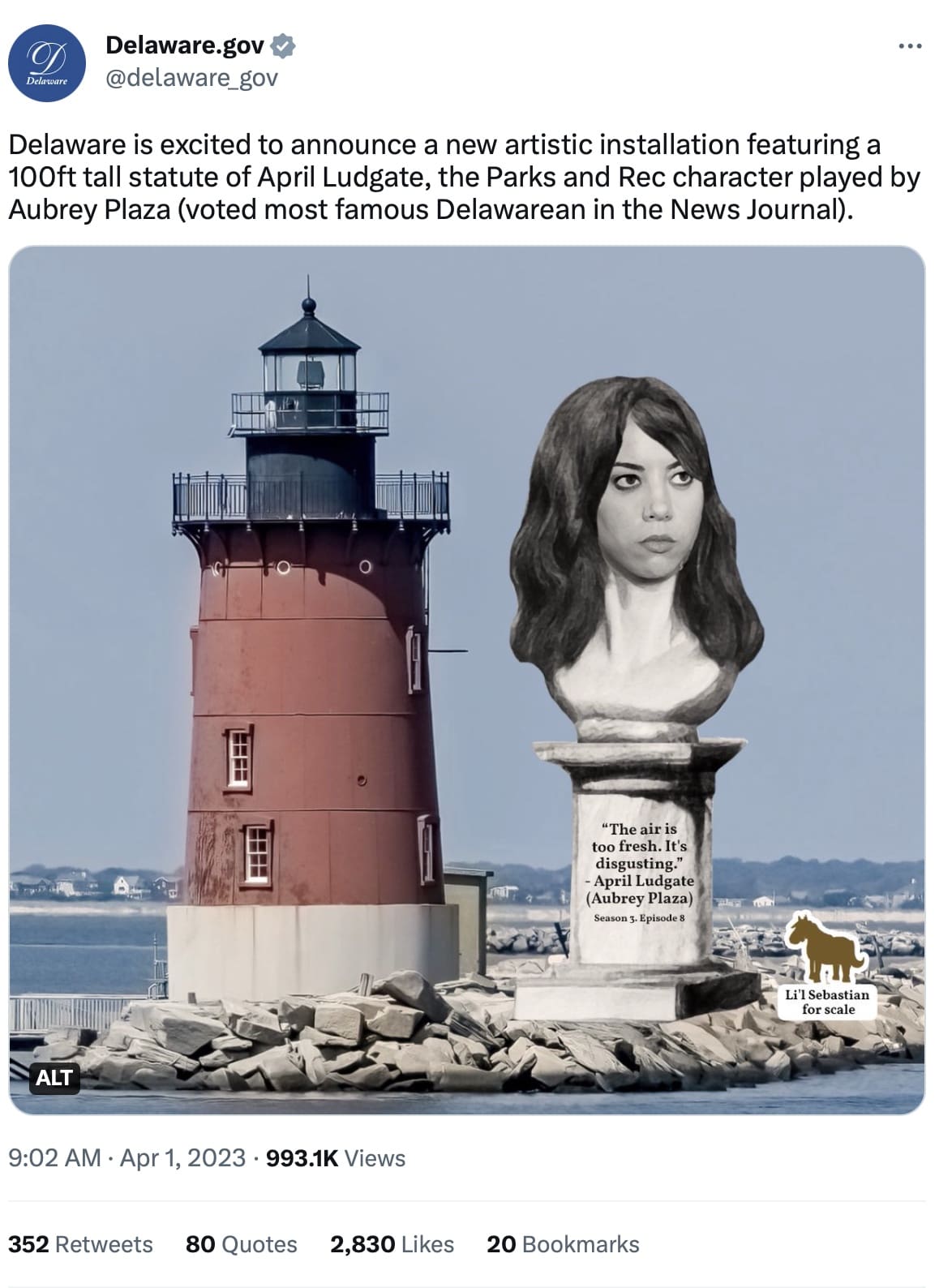 Delaware is planning a statue of April Ludgate (the Aubrey Plaza character on "Parks and Rec") in Cape Henlopen.