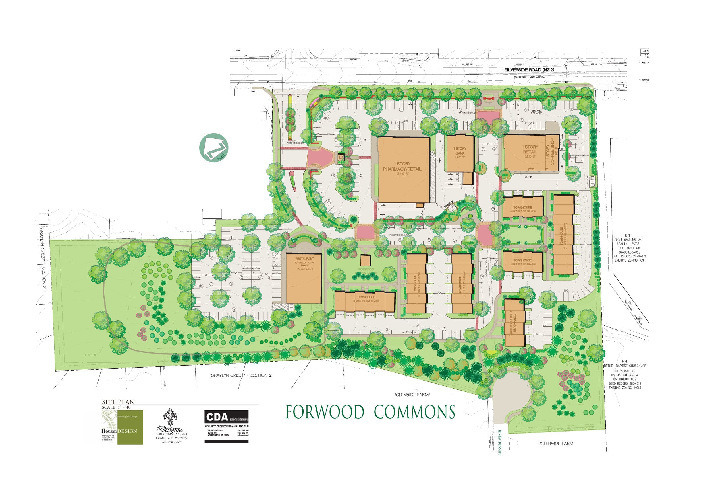 Forwood Commons, according to plans prepared by CDA Engineering, will include 38 townhomes, all with two-car garages, and four buildings for retail. (CDA Engineering)