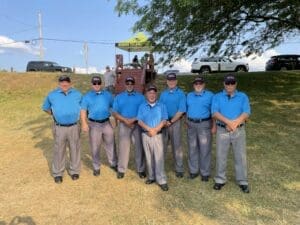 Jim Miles Ed Morris and Dave Wilson Ron Kinslow Rob Maloney Ozzie May and Ron Lynam volunteer umpires for 2023 DFRC Blue Gold softball game
