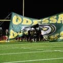 Odessa Ducks football running through their logo in the beginning of a game photo courtesy of Nick Halliday