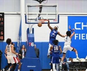 Delaware Blue Coats David Duke dunks the ball against Long Islanad Nets photo courtesy of Ben Fulton