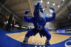 Delaware Blue Coats mascot flexes for the camera photo courtesy of Ben Fulton