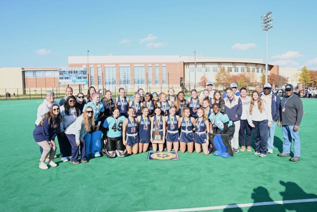 Delmar field hockey team poses with championship trophy photo couresy of Nick Halliday