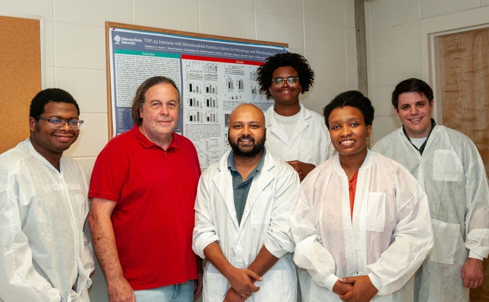 The DSU Alzheimer research team: (l-r) Tyler L. Petersen, Dr. Michael A. Gitcho, Muhammad I. Abeer, Isaiah N. Brooks, Juneessa M. Pressley, and Matthew B. Dopler. The work of these researchers – led by Dr. Gitcho – has receives a $500,000 donation from the Paul H. Boerger Fund of the Delaware Community Foundation.