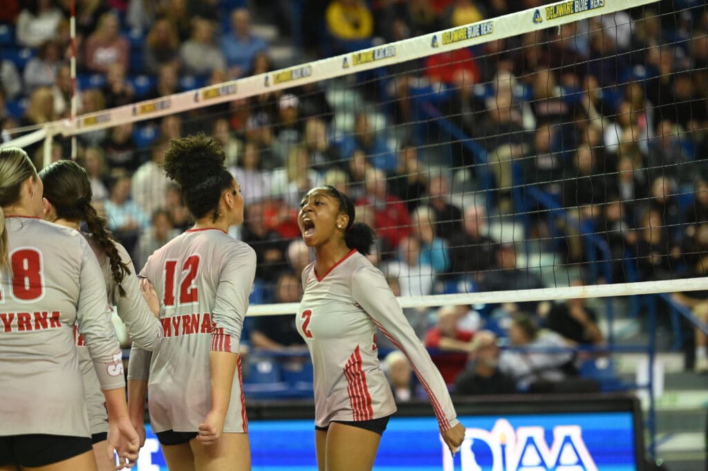 Smyrna volleyball Elise Carter celebrates after a point during the state championship photo courtesy of Ben Fulton