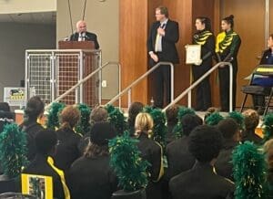 Odessa High's marching band was formally invited Thursday to perform in London's 2025 New Year's Day parade. (From left: Bob Bone, Duncan Sandys, Ruby Wall, Emma Sipes).