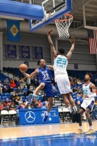 Delaware Blue Coats Javonte Smart attempts a pass in the win over the Greensboro Swarm photo courtesy of Ben Fulton