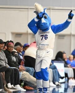 Delaware Blue Coats mascot dances during the game photo courtesy of Ben Fulton
