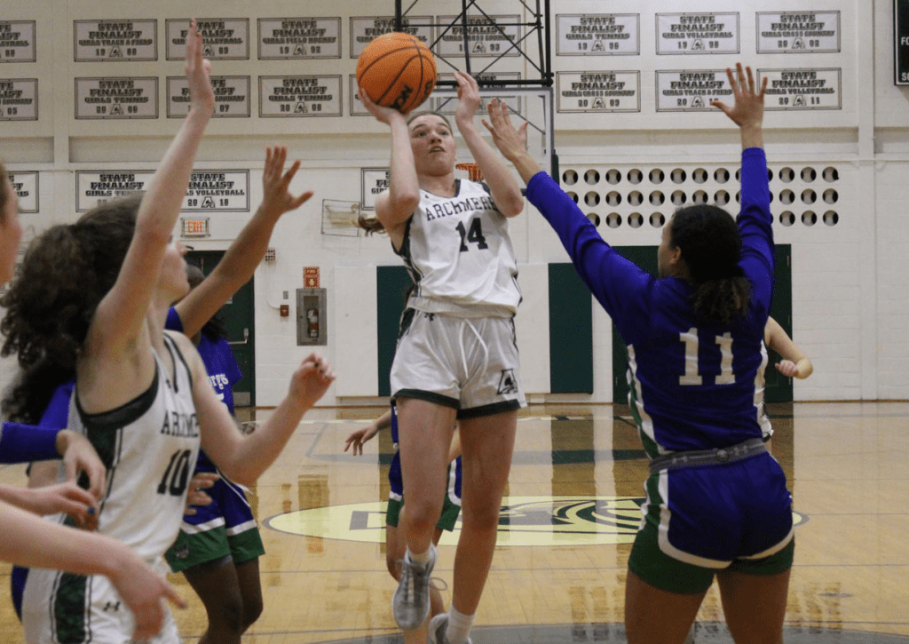 Archmere girls basketball Bridget Mallot attempts a shot during a game photo courtesy of Mike Lang of the Dialog