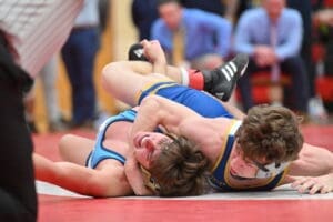 Chase Murray of Sussex Central top holds Tripp Gannon of Cape Henlopen to his back for nearfall points during the DIAA Division I dual meet state championship photo courtesy of Ben Fulton