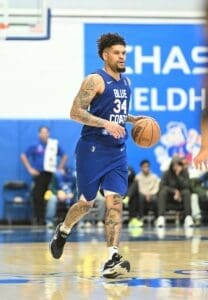Delaware Blue Coats Jarron Cumberland dribbles the ball up against Grand Rapids photo courtesy of Ben Fulton