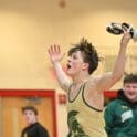 Saint Marks Ben Raunato celebrates to thter his pin at 150 pounds in 211 at the DIAA Division II dual meet state championship photo courtesy of Ben Fulton