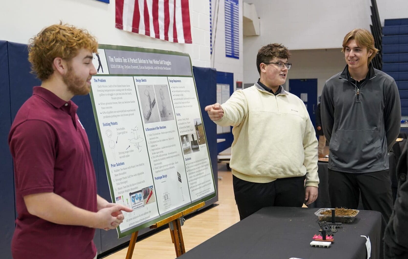 Three students from Appo High are looking to cash in on their patented golf tee design. (L-R; Brodie Neubauer, Lucas Karpinski, Dylan Everett)