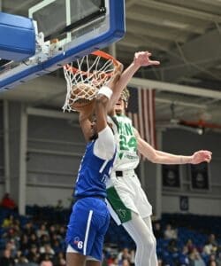 Delaware Blue Coats Melvin Frazier dunks the basketball against the Maine Celtics photo courtesy of Ben Fulton