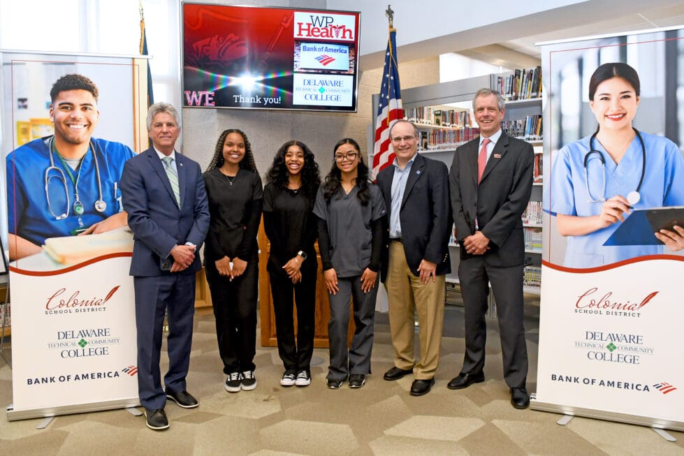William Penn's first cohort will start the pathway program next year as juniors. (From left: Del Tech President Mark Brainard, William Penn Allied Health students, Bank of America Delaware President Chip Rossi, Colonial School District Superintendent Jeff Menzer.)