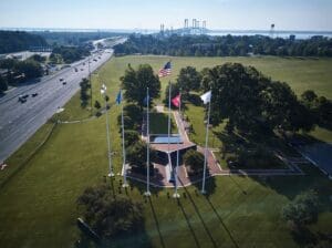 The war memorial monument on the approach to the Delaware Memorial Bridge. Courtesy of Delaware River & Bay Authority.