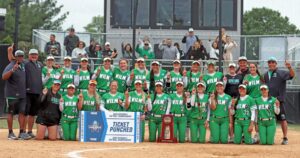 Wilmington Wildcats softball team poses with the Eastern Regional Trophy and their ticket to the NCAA National Tournament. Photo courtesy of Wilmington Athletics