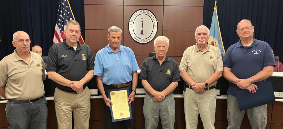 Delaware State Fire Commission recognizes Middletown for requiring residential fire sprinklers 7 Middletown Town Council Meeting. (Left to Right Fire Commissioner Jeffrey Eisenbrey, Fire Commissioner David Majewski, Sr., Mayor Kenneth Branner, Jr, (Town of Middletown) Fire Commissioner Ronald Marvel, Fire Commissioner William Kelly, and Delaware Fire Sprinkler Coalition Chairperson, Paul Eichler.)