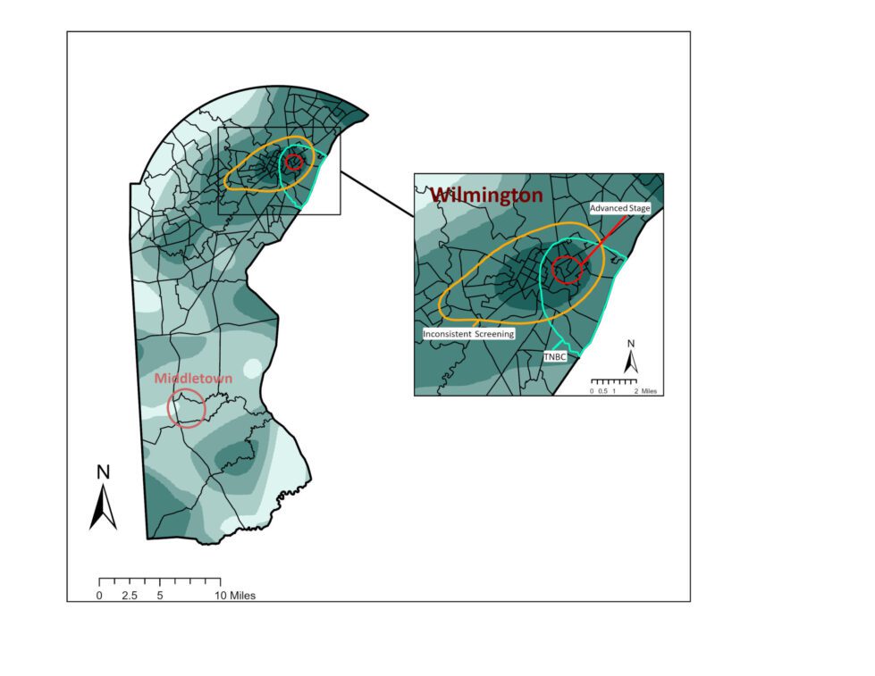 The map highlights two Delaware hotspots—Wilmington and Middletown—where advanced breast cancer rates are elevated. In Wilmington, the overlap with poor screening rates and aggressive cancer types suggests a combined impact. In contrast, Middletown’s elevated cases occur without such overlaps, indicating other contributing factors. (photo provided by Christianacare)